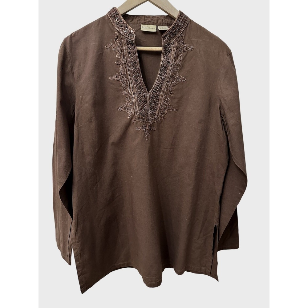 RuffHewn Tunic Top Large Brown Cotton Embroidered Sequin V-Neck Long‎ Sleeve